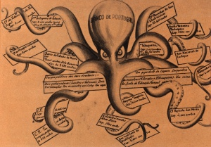 Os monopólios possuem imensos tentáculos que lhes permitem dominar toda a vida do País. Gráfico feito por presos no Tarrafal, em 1944