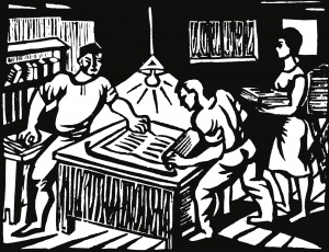 Gravura de José Dias Coelho que ilustra o pocesso de elaboração do Avante! clandestino