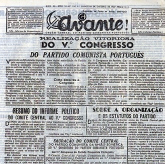 Primeira página do Avante! sobre a realização do V Congresso (Série VI, n.º 242 (1.ª quinzena Out. 1957)