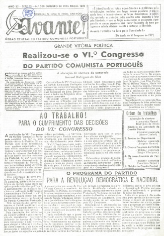 Primeira página do <i>Avante!</i> sobre a realização do VI Congresso