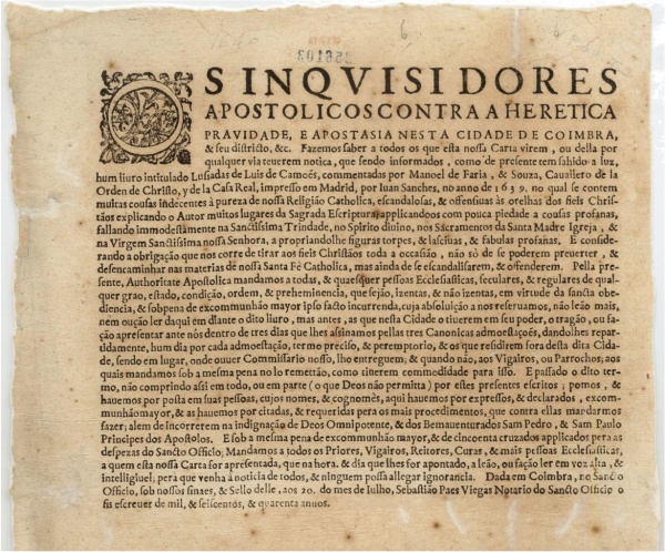 Edital da Inquisição de Coimbra, declarando proibida a edição de 1639 de Os Lusíadas.