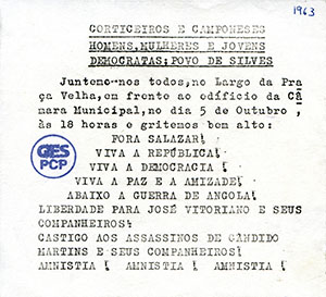 Apelo à participação numa concentração em frente à Câmara Municipal de Silves pela Libertação de José Vitoriano, 1963