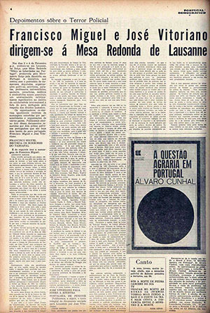 Testemunho de José Vitoriano enviado para a Mesa Redonda «Sobre as liberdades em Portugal» realizada na Suiça, Jornal «Portugal Democrático», São Paulo (Brasil), Março 1968